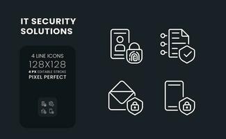 Cyber security solutions white linear desktop icons on black. Authentication control. Pixel perfect 128x128, outline 4px. Isolated interface symbols pack for dark mode. Editable stroke vector