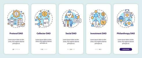 Types of DAOs onboarding mobile app screen. Internet industry walkthrough 5 steps editable graphic instructions with linear concepts. UI, UX, GUI templated vector