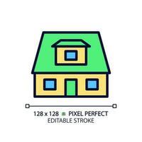 Bungalow pixel perfect RGB color icon. House with sloped roof. Recreation home. Buying property. Real estate. Cottage. Isolated vector illustration. Simple filled line drawing. Editable stroke