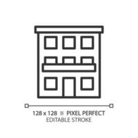 Condominium pixel perfect linear icon. Community ownership. Apartments complex. Urban building. Building facade. Thin line illustration. Contour symbol. Vector outline drawing. Editable stroke