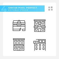 Apartment types pixel perfect linear icons set. Ranch house. Condominium flat. Luxury penthouse. Real estate. Customizable thin line symbols. Isolated vector outline illustrations. Editable stroke
