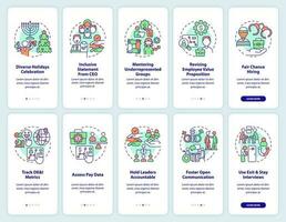 DEI programs for workplace onboarding mobile app screens set. Walkthrough 5 steps editable graphic instructions with linear concepts. UI, UX, GUI template vector