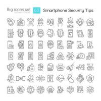 Smartphone security tips linear icons set. Prevention from hacking attack. Security. Customizable thin line symbols. Isolated vector outline illustrations. Editable stroke