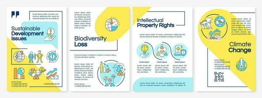 Sustainable development challenges blue and yellow brochure template. Leaflet design with linear icons. Editable 4 vector layouts for presentation, annual reports