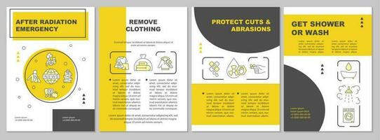 Decontaminate emergency yellow brochure template. Radiation. Leaflet design with linear icons. Editable 4 vector layouts for presentation, annual reports