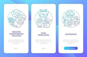 Advantages of hydrogen blue gradient onboarding mobile app screen. H2 pros walkthrough 3 steps graphic instructions with linear concepts. UI, UX, GUI template vector