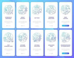 Pros of hydrogen blue gradient onboarding mobile app screen set. H2 usage walkthrough 5 steps graphic instructions with linear concepts. UI, UX, GUI template vector