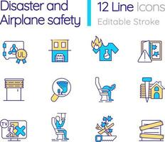 Disaster and airplane safety RGB color icons set. Protective measure. Risk prevention. Isolated vector illustrations. Simple filled line drawings collection. Editable stroke