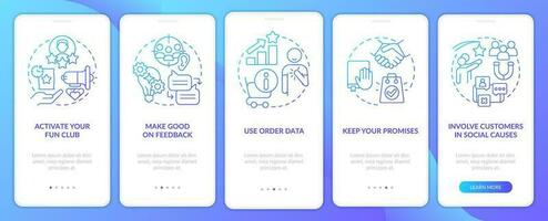 Customer engagement methods blue gradient onboarding mobile app screen. Walkthrough 5 steps graphic instructions with linear concepts. UI, UX, GUI templated vector