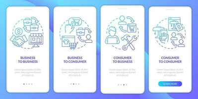 Online business models blue gradient onboarding mobile app screen. Walkthrough 4 steps graphic instructions with linear concepts. UI, UX, GUI templated vector