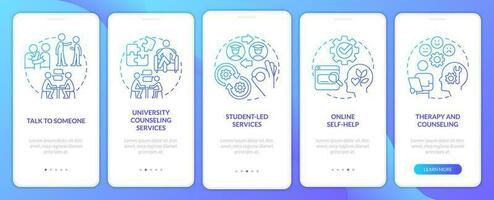 Addressing student mental health blue gradient onboarding mobile app screen. Walkthrough 5 steps graphic instructions with linear concepts. UI, UX, GUI templated vector