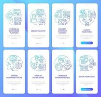 Online shop management blue gradient onboarding mobile app screen set. Startup walkthrough 4 steps graphic instructions with linear concepts. UI, UX, GUI templated vector