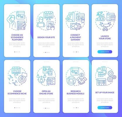Online shop management blue gradient onboarding mobile app screen set. Startup walkthrough 4 steps graphic instructions with linear concepts. UI, UX, GUI templated