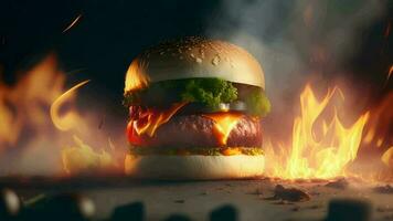 delicious hamburger with flame animation video