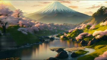 Beautiful fantasy spring nature landscape and cherry blossom tree animation video