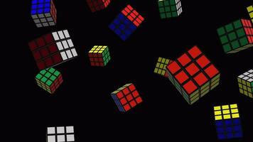 Rubik's cubes background. Falling multicolored rubik's cubes over alpha channel. Rain of rubik's cubes across the screen. video