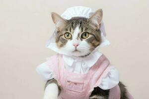ai generado retrato de gato vestir mucama atuendo. foto