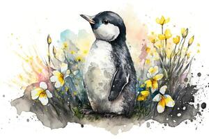 Adorable penguin waddled through a field of daffodils, its bright feathers contrasting with the flowers. Ink color painting. photo