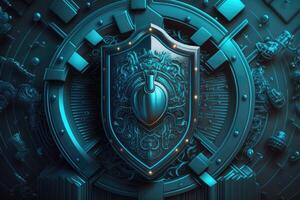 Cybersecurity digital locks and shields in shades of blue and black technology background. photo