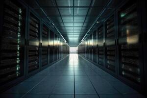 AI Generated Dramatic image of a data center with servers and storage. photo