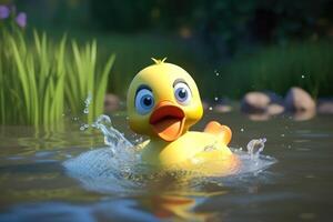 3D cartoon little duckling is splashing around in a pond, enjoying the cool water. photo