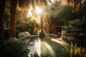 Desert oasis, with a sparkling pool of water surrounded by palm trees and other lush vegetation. photo