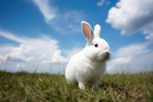 AI Generated Fluffy white bunny standing in a field of green grass, with a bright blue sky and fluffy white clouds in the background. photo