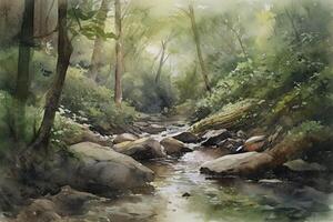 AI Generated Tranquil forest stream running through a grove of trees. Watercolor Painting. photo