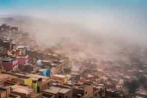 AI Generated Dust settles in a thick blanket, hiding the vibrant colors of the city beneath. photo