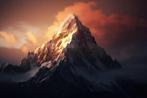 Snow-covered mountain peak, stretching upwards towards the sky and bathed in the warm glow of a sunrise. photo