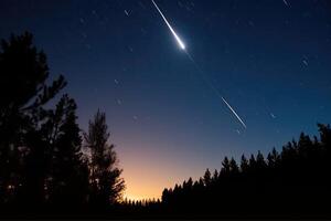 ai generado disparo estrella rayas a través de el cielo, dejando un sendero de ligero en sus despertar. foto