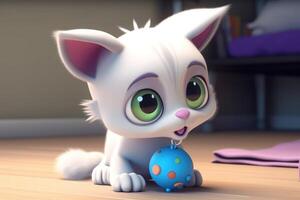 AI Generated 3D cartoon curious kitten is investigating a new toy with its sharp claws. photo