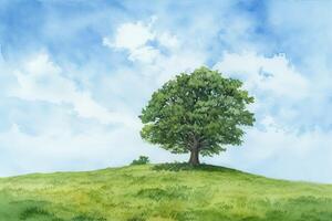 AI Generated Majestic tree in the middle of a lush meadow with a clear blue sky above. Watercolor Painting photo