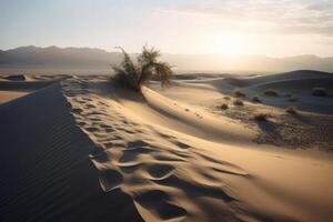 ai generado solitario Desierto a amanecer, presentando un imponente arena duna con azotado por el viento crestas y un solitario cactus en pie Guardia en el distancia. foto