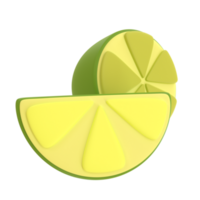 Pieces of green sour lime without background. Stylized illustration. 3D rendering. PNG