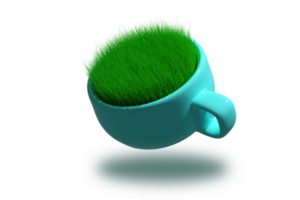 Blue floating mug without background with growing green grass inside and shade. 3D rendering. PNG