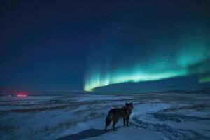 Frozen tundra at night, featuring a dancing aurora borealis illuminating the sky and a wolf howling in the distance. photo