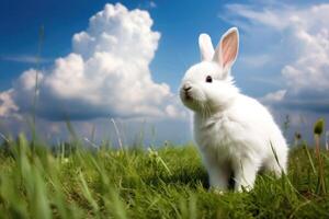 Fluffy white bunny standing in a field of green grass, with a bright blue sky and fluffy white clouds in the background. photo