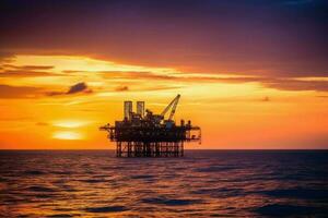 ai generado dramático petróleo plataforma en el Oceano con un brillante naranja puesta de sol en el antecedentes. foto
