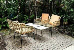 Outdoor rattan chair in backyard photo