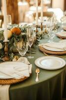 Sage green holiday tablescape, formal dinner table setting, table scape with decoration for wedding party and event celebration, generative ai photo