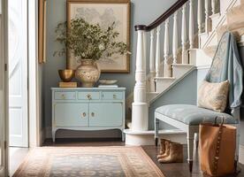 Pale blue hallway decor, interior design and house improvement, welcoming entryway furniture, stairway and entrance hall home decor in an English country house, photo