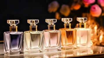 lujo fragancia botellas a perfume olor a presentación evento, hecho a la medida perfumería y belleza producto venta, generativo ai foto
