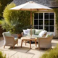 Modern garden lounge, outdoor furniture and countryside house patio decor with sofa, sun lounger, sunbed and umbrella, country cottage style, photo