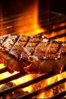 Meat beef steak grilled on fire, food bbq and hot grill, generative ai photo