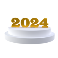 Happy New Year 2024 with shiny 3D golden numbers on white podium isolated transparent png. Holiday gold celebration design. Premium element for posters, banners, calendar and greeting card png