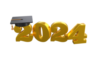 Klasse von 2024 3d Symbol. Glückwunsch Absolventen Design Vorlage mit Deckel und Zahlen. Gold Abschluss Typografie Illustration zum Zeremonie, Party, Gruß Karte, Einladung isoliert transparent png