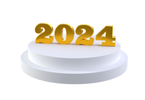 Happy New Year 2024 with shiny 3D golden numbers on white podium isolated transparent png. Holiday gold celebration design. Premium element for posters, banners, calendar and greeting card png