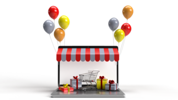 Store shopping balloon notebook computer cart gift box yellow orange red black grey color white screen symbol decoration black friday sale surprise november event retail business deal big.3d render png