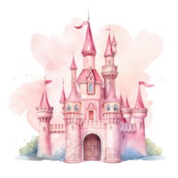 Pink watercolor princess castle isolated. Illustration AI Generative png